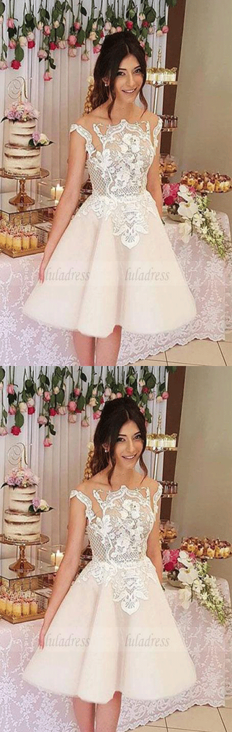 Appliques Tulle Party Dress, Sheer Back Short Homecoming Dress, Elegant Prom Dress