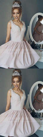 A-Line V-Neck Ruched Short Pearl Pink Satin Homecoming Dress with Beading