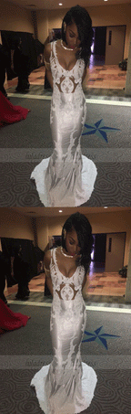 White Mermaid Prom Dresses Sleeveless Lace Evening Dresses