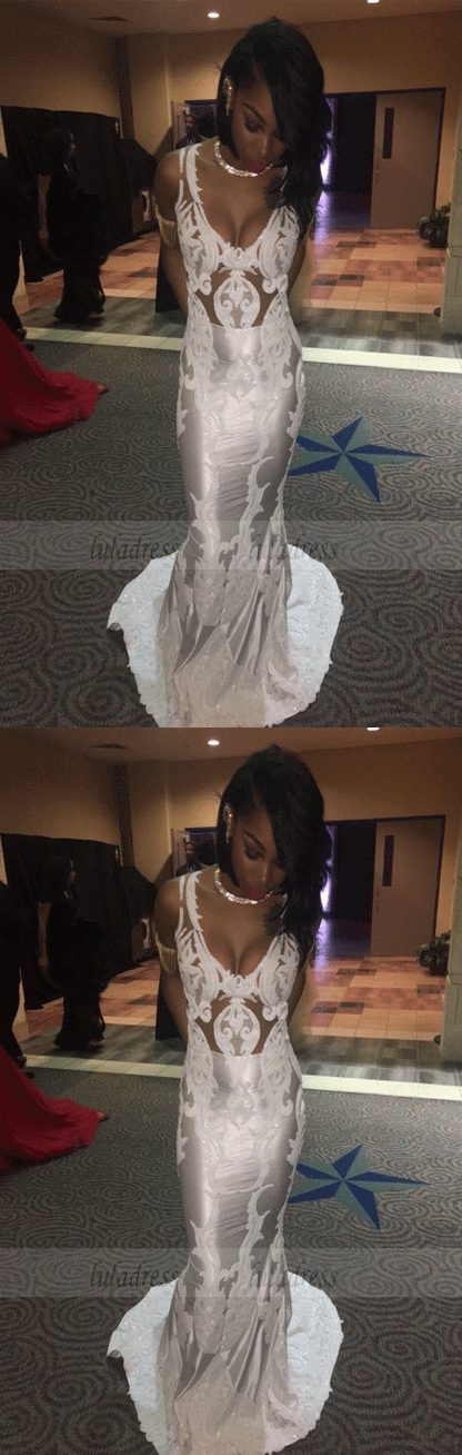 White Mermaid Prom Dresses Sleeveless Lace Evening Dresses