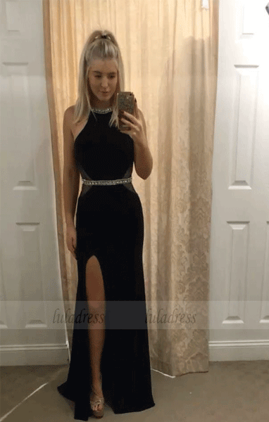 Black Halter Slit Cutout Prom Dresses Evening Dresses,BW97212