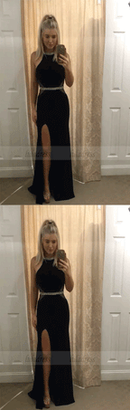 Black Halter Slit Cutout Prom Dresses Evening Dresses