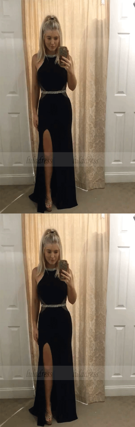 Black Halter Slit Cutout Prom Dresses Evening Dresses