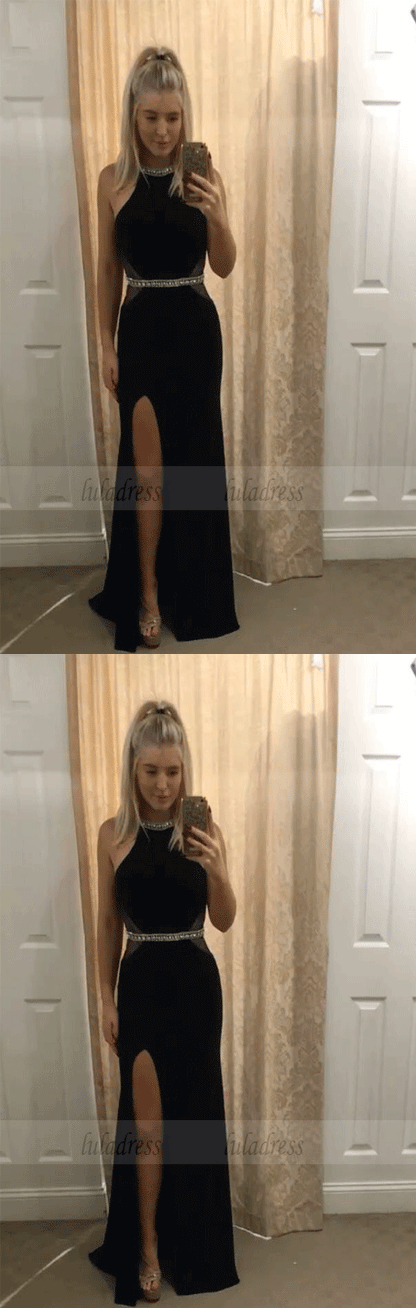 Black Halter Slit Cutout Prom Dresses Evening Dresses