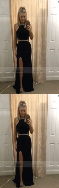 Black Halter Slit Cutout Prom Dresses Evening Dresses,BW97212