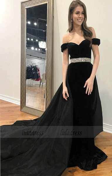 Off Shoulder Bead Waist Black Prom Dresses Evening Dresses,BW97214