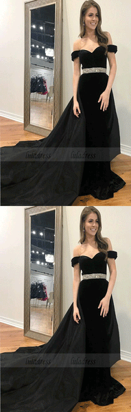 Off Shoulder Bead Waist Black Prom Dresses Evening Dresses,BW97214