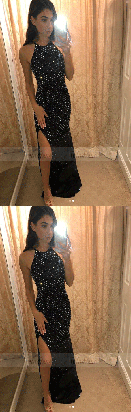 Beading Black Halter Slit Prom Dresses Evening Formal Dresses