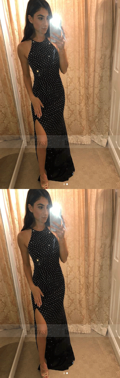Beading Black Halter Slit Prom Dresses Evening Formal Dresses