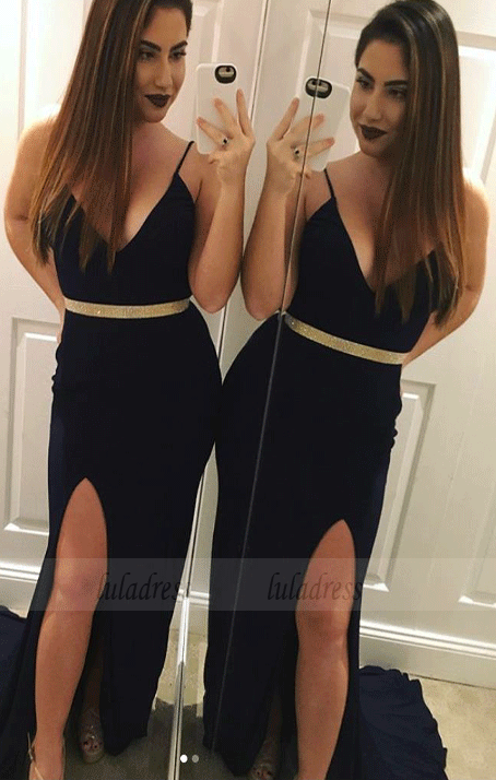 Spaghetti Straps Slit Black Prom Dresses Evening Dresses,BW97217