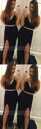 Spaghetti Straps Slit Black Prom Dresses Evening Dresses