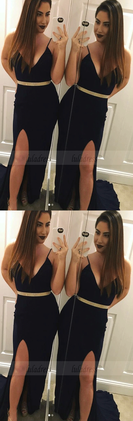 Spaghetti Straps Slit Black Prom Dresses Evening Dresses