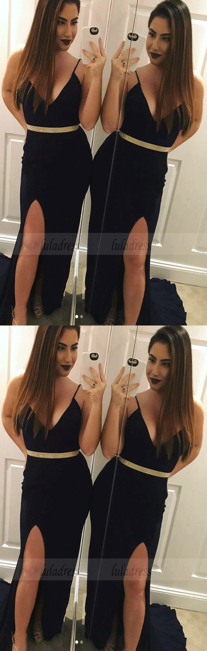 Spaghetti Straps Slit Black Prom Dresses Evening Dresses