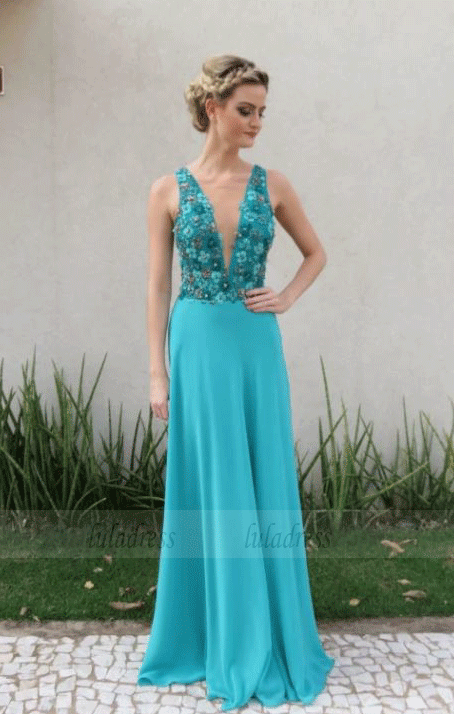 V Neck Applique Long Prom Dress,Evening Dress