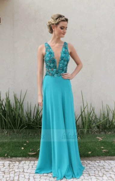 V Neck Applique Long Prom Dress,Evening Dress,BW97407