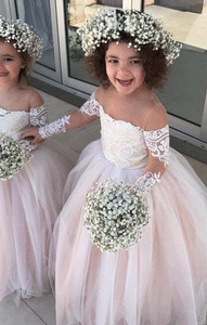 Princess Ball Gown Tulle Flower Girl Dresses with Long Sleeves,BD98815