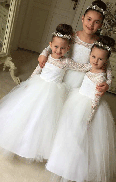 Flower Girl Dress, Ivory Long Sleeves Puffy Tulle Lace Flower Girl Dresses Girls Formal Party Gowns