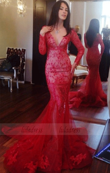 Mermaid Deep V-neck Long Sleeves Sweep Train Red Prom Dress with Lace Beading