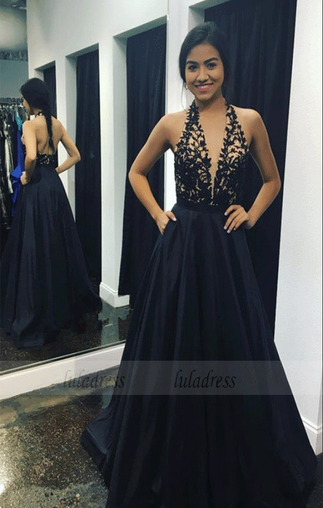 Backless Sexy A Line Long Satin Black Lace Evening Gown