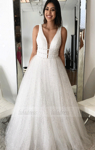 A-line Princess Deep V Neck Sleeveless Floor Length Prom Dresses,BD99999