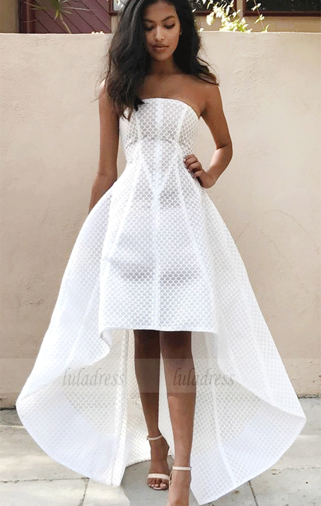Elegant White Strapless High Low Sleeveless A line Prom Dress