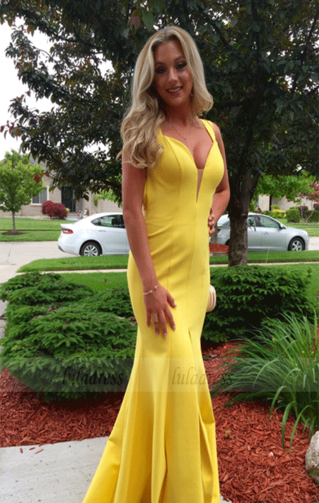 Mermaid Satin Yellow Prom Dresses Halter Neck Women Party Dresses,BD99993