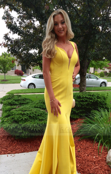 Mermaid Satin Yellow Prom Dresses Halter Neck Women Party Dresses,BD99993