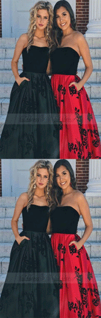 A-Line Strapless Black Satin Prom Dress with pocket