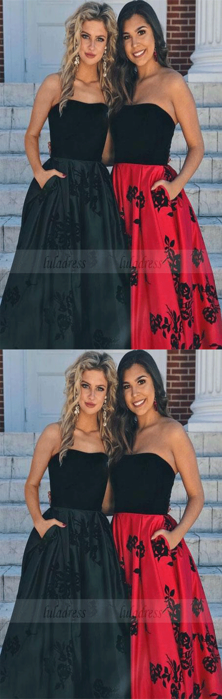 A-Line Strapless Black Satin Prom Dress with pocket