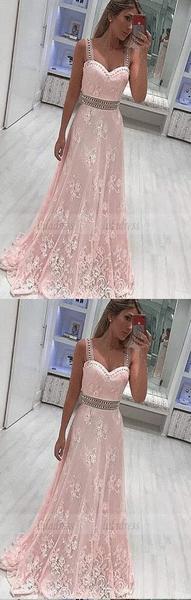 A-Line Scoop Sweep Train Pink Lace Prom Dress with Beading Appliques,BD98642