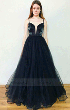 Spaghetti Strap V Neck Tulle Long Prom Dress