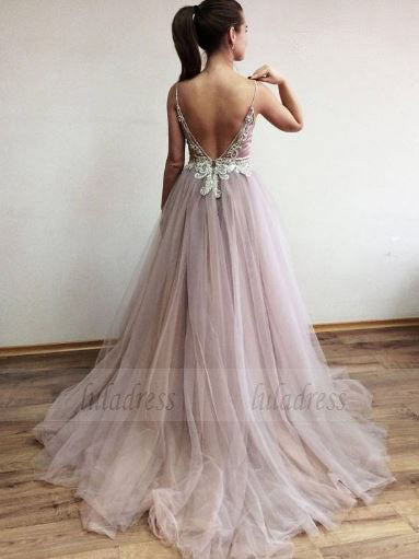 A-Line long Tulle Sexy Lace V-Neck Prom Dresses