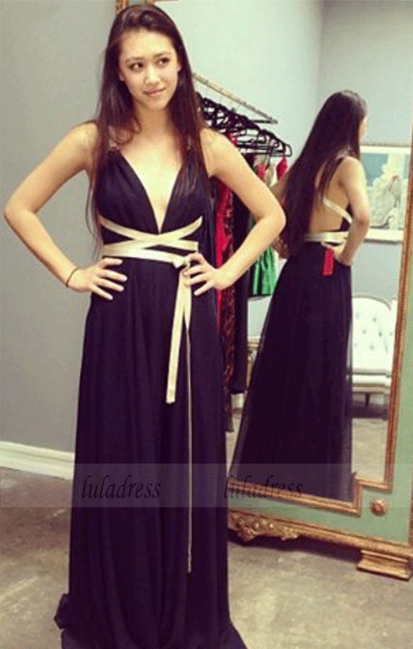 Long Backless Black Chiffon Prom Dress with Long Straps,BD99973