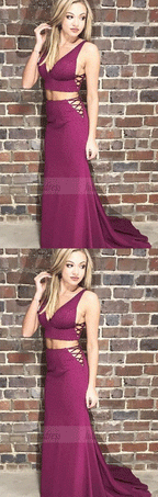 V-Neck Sweep Train Prom Dress,Grape Prom Dress with Beading