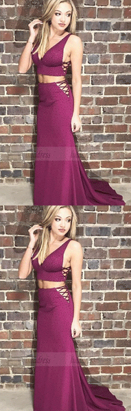 V-Neck Sweep Train Prom Dress,Grape Prom Dress with Beading,BW97193