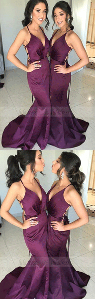Spaghetti Straps Long Purple Open Back Mermaid Modest Bridesmaid Dresses,BW97196