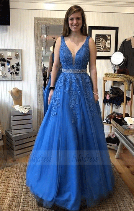 V-Neck Applique Lace Prom Dress, Sweep Train Tulle Evening Gowns, BW97 ...