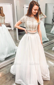 Two Piece Jewel Short Sleeve Long White Prom Dress with Beading, BW97613