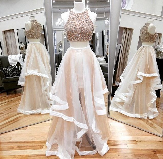 Beaded Prom Dress,Illusion Prom Dress,Two Pieces Prom Dresses
