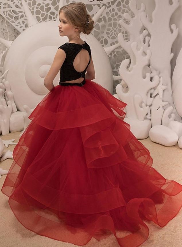 Black Lace Red Ruffle Tulle Cute Kids Flower Girl Dress
