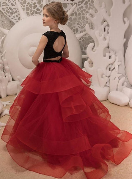 Black Lace Red Ruffle Tulle Cute Kids Flower Girl Dress,BW97461