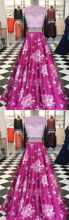 Modern Two Piece A-Line Prom Dress - Round Neck Sleeveless Floor-Length Lace Flora