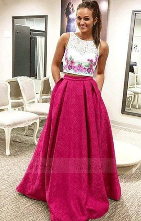 Two Piece Round Neck Pleated Red Satin Prom Dress with Lace Appliques,BW97450