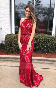 Halter Red Lace Prom Dresses, Red Lace Formal Dresses, BW97582