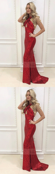 Mermaid Halter Sweep Train Red Sequined Prom Dress,BW97018