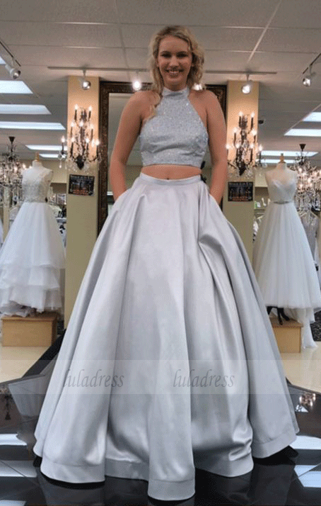 Two Piece High Low Silver Long Prom Ball Gown,BW97019