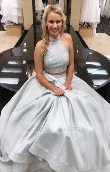 Two Piece High Low Silver Long Prom Ball Gown,BW97019