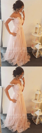 Applique Long Prom Dress,Off The Shoulder Tulle Evening Dress