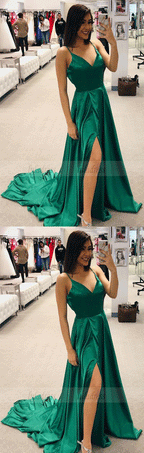 straps v neck long prom dress with side slit