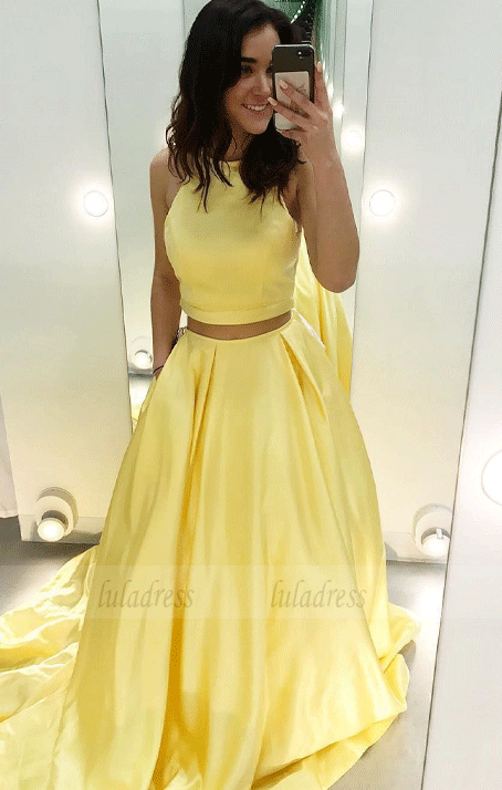 Two Piece Yellow Satin Formal Dress,Halter Long Prom Dresses,BD99926